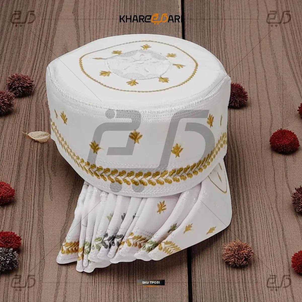 Anjum White Men’s Prayer Cap | Flower Embroidered Topi - Khareedari 