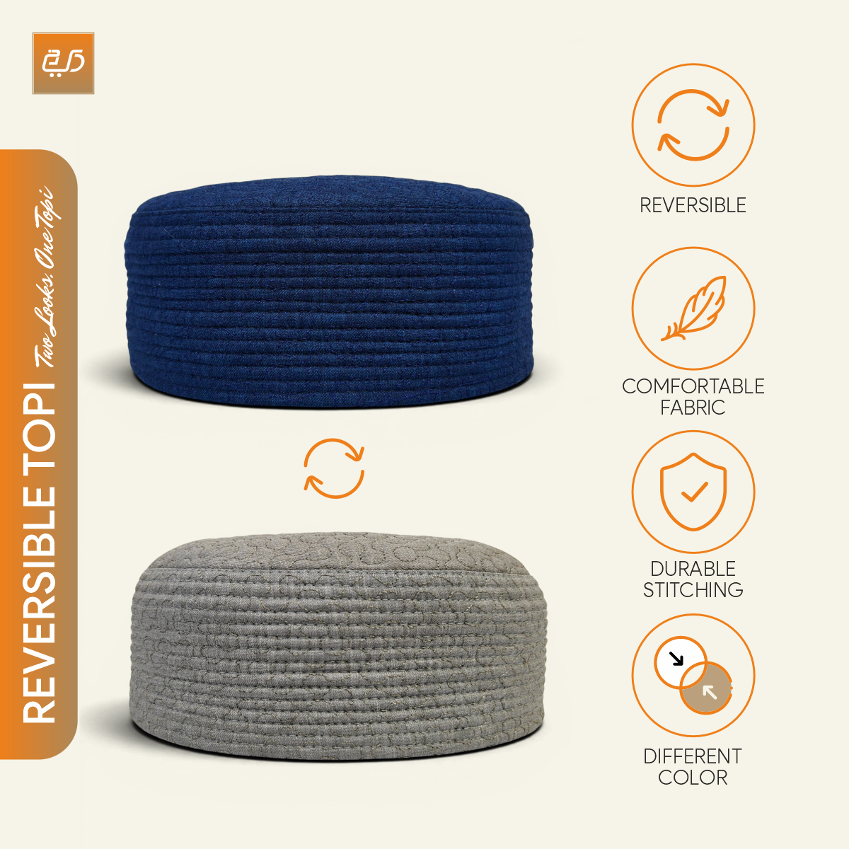 Reversible Namaz Cap | Premium Dual Color Topi (Navy Blue & Grey)
