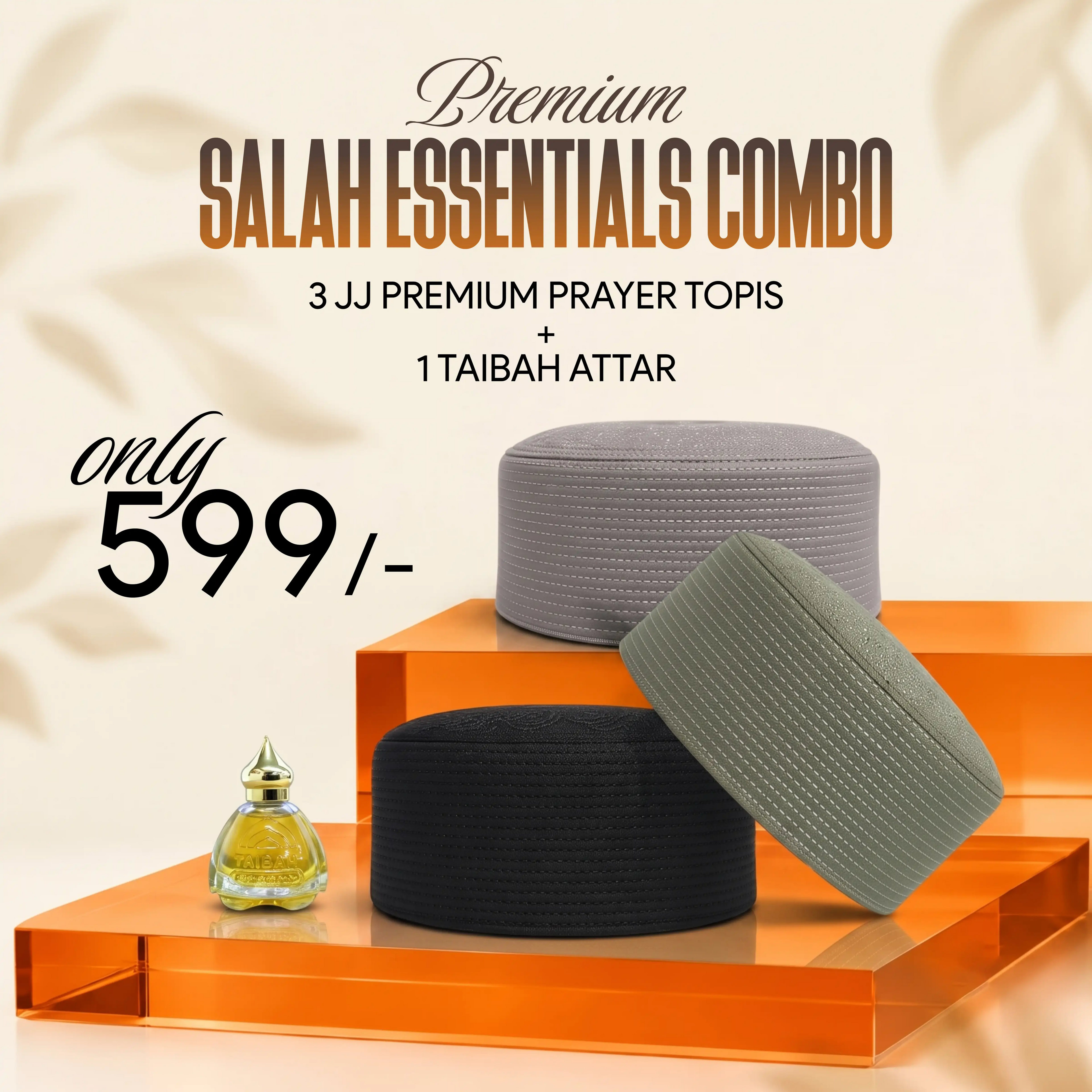 Premium Salah Essentials Combo | 3 JJ Premium Topis + 1 Taibah Attar