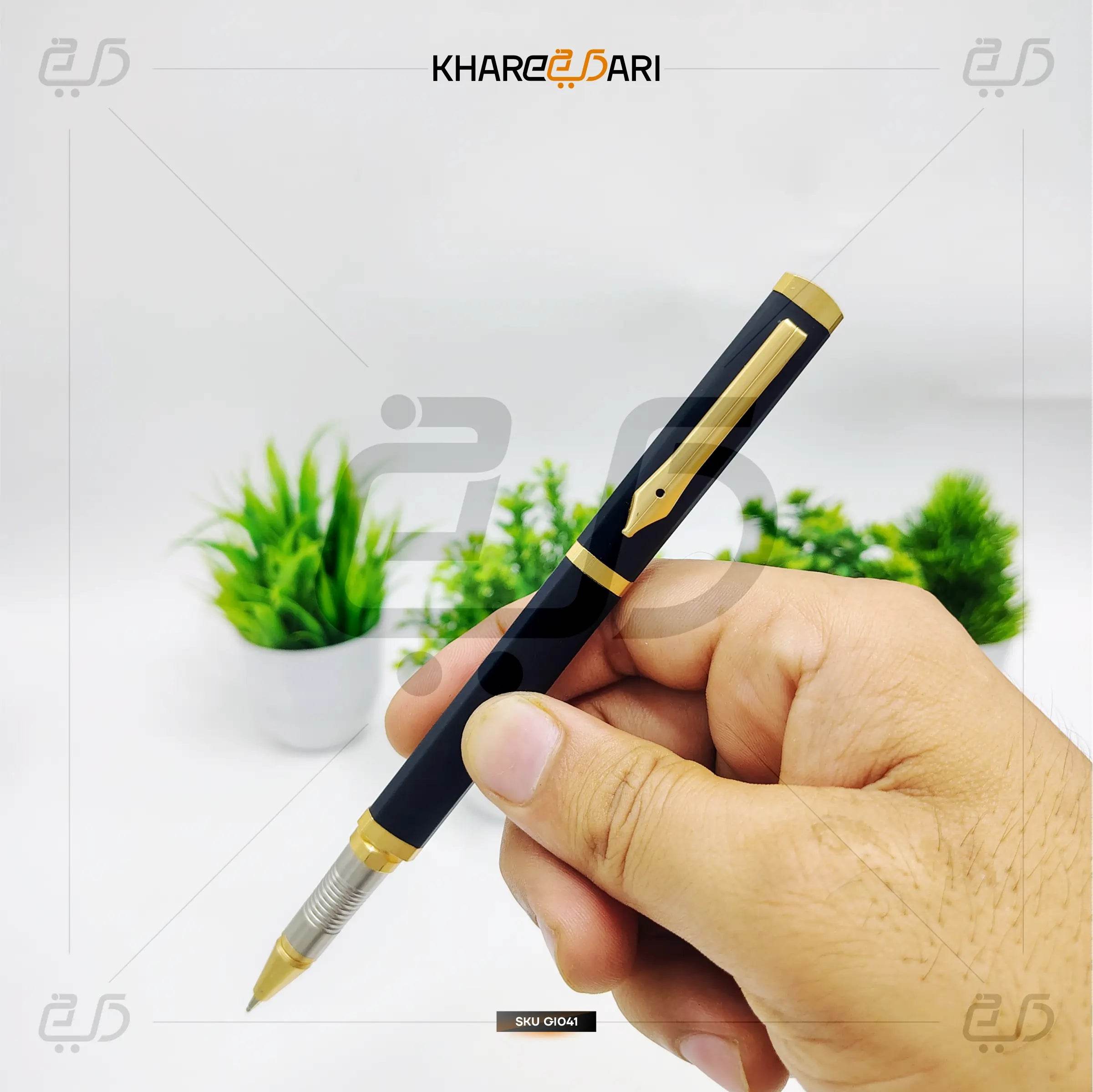 Triangular Shape Unique Design Zed Black Golden Designer NIB Shape Clip Metal Body Roller Ball Pen. - Khareedari 