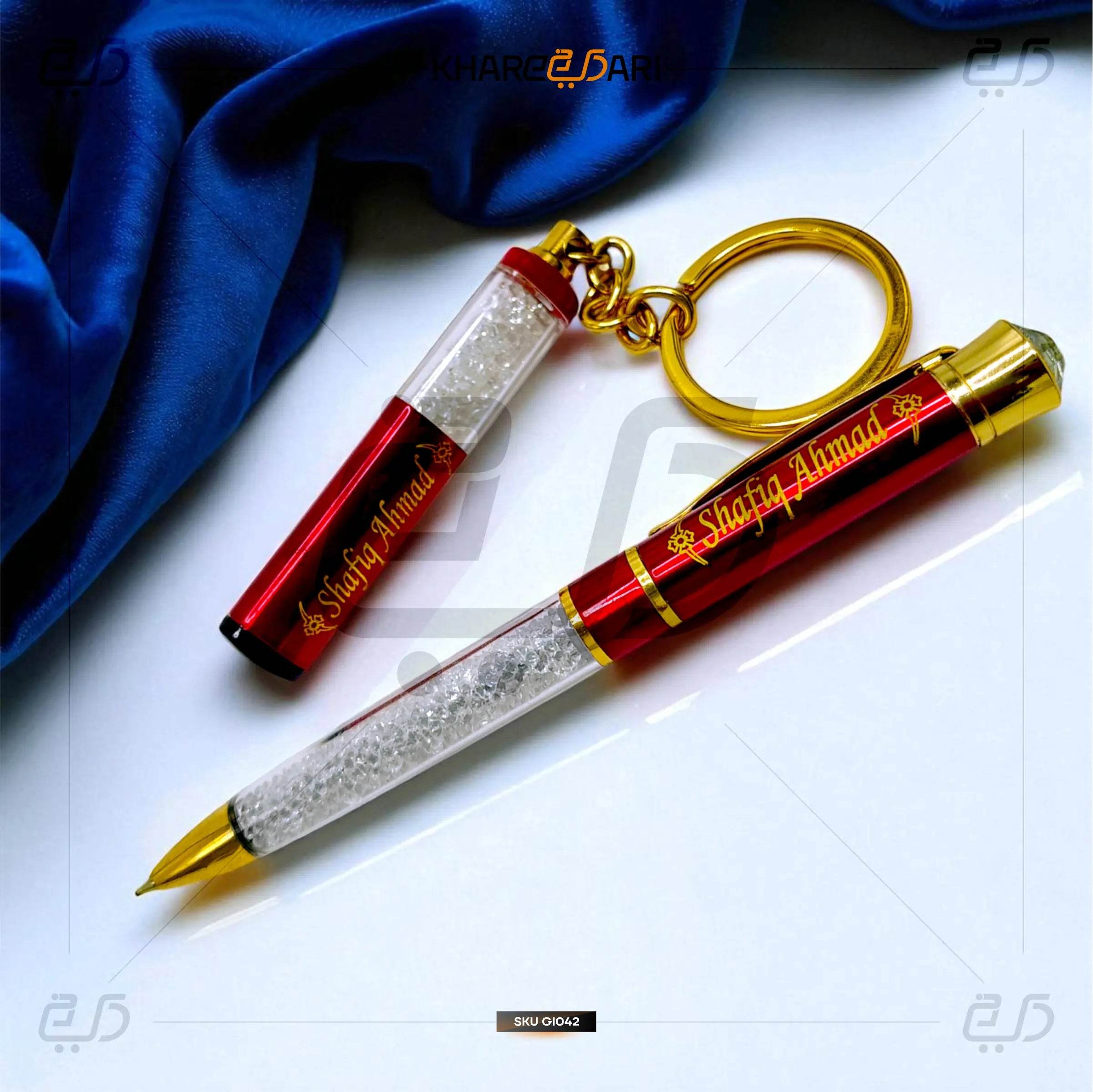 Name Customised Diamond Top Red Ball Pen & Keychain Combo - Khareedari 