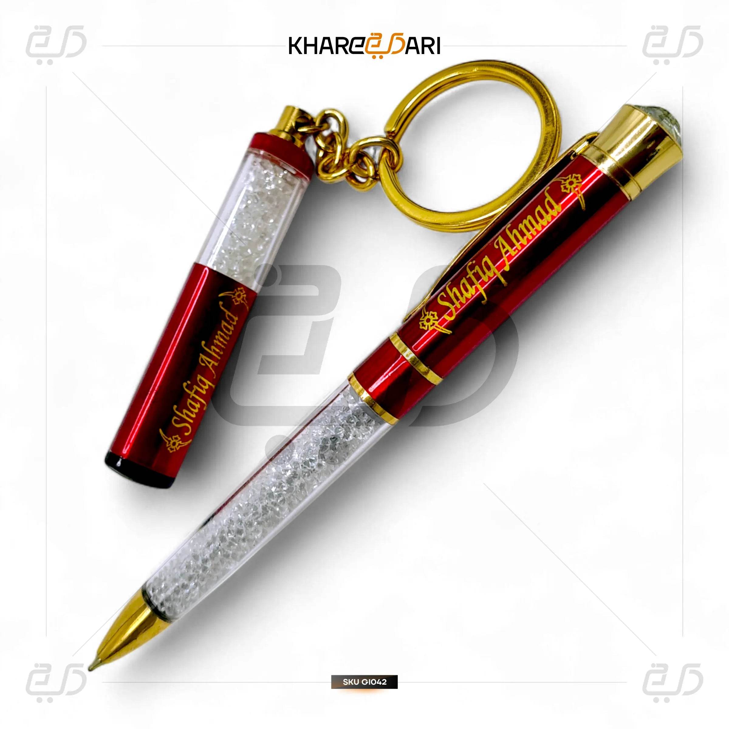 Name Customised Diamond Top Red Ball Pen & Keychain Combo - Khareedari 