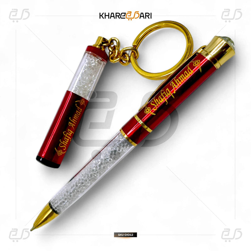 Name Customised Diamond Top Red Ball Pen & Keychain Combo - Khareedari 