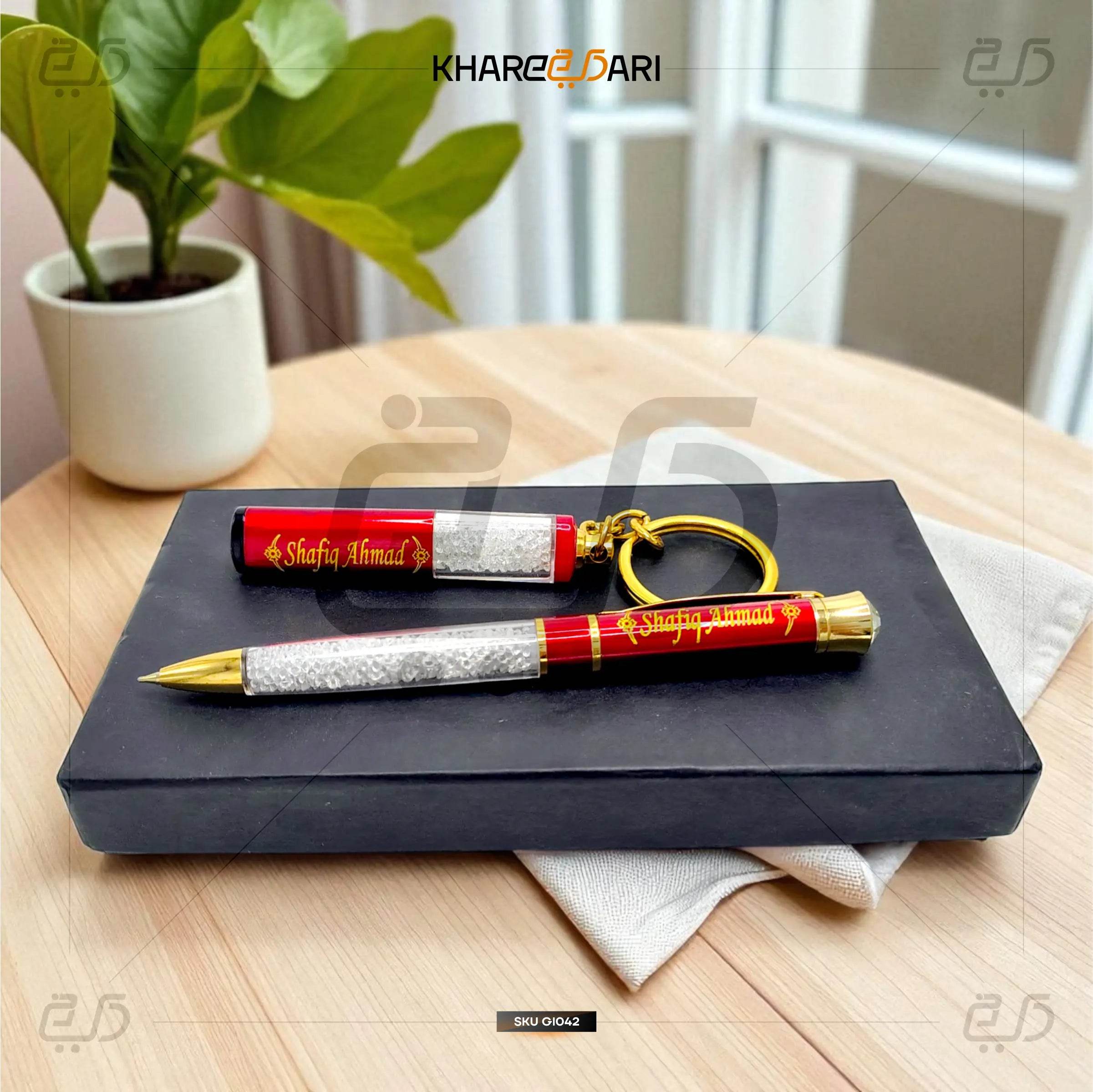 Name Customised Diamond Top Red Ball Pen & Keychain Combo - Khareedari 