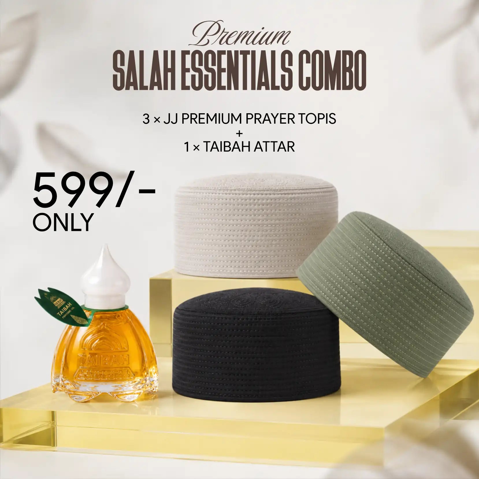 Premium Salah Essentials Combo | 3 JJ Premium Topis + 1 Taibah Attar