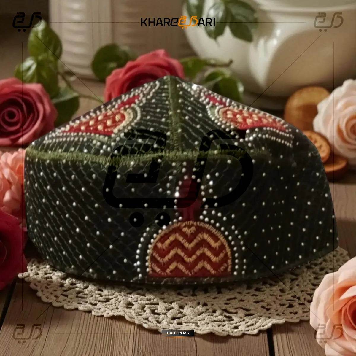 Ajmer Sharif Stone-Stud Embroidered Kufi Cap - Khareedari 