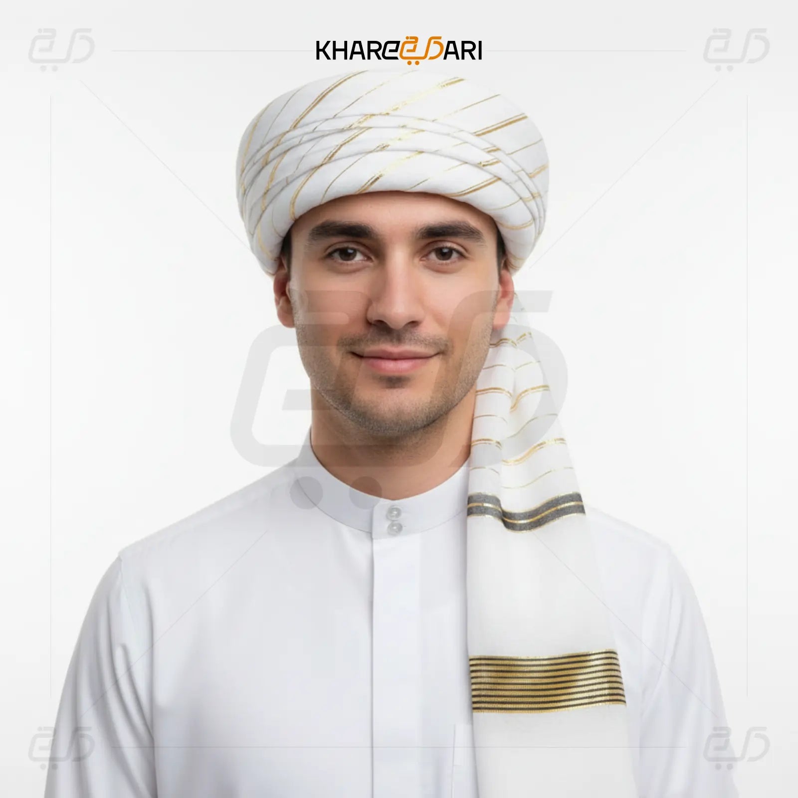 Man wearing a traditional white outfit with a turban on a white background, featuring the brand 'Khareeb Dari'. White with Golden Line