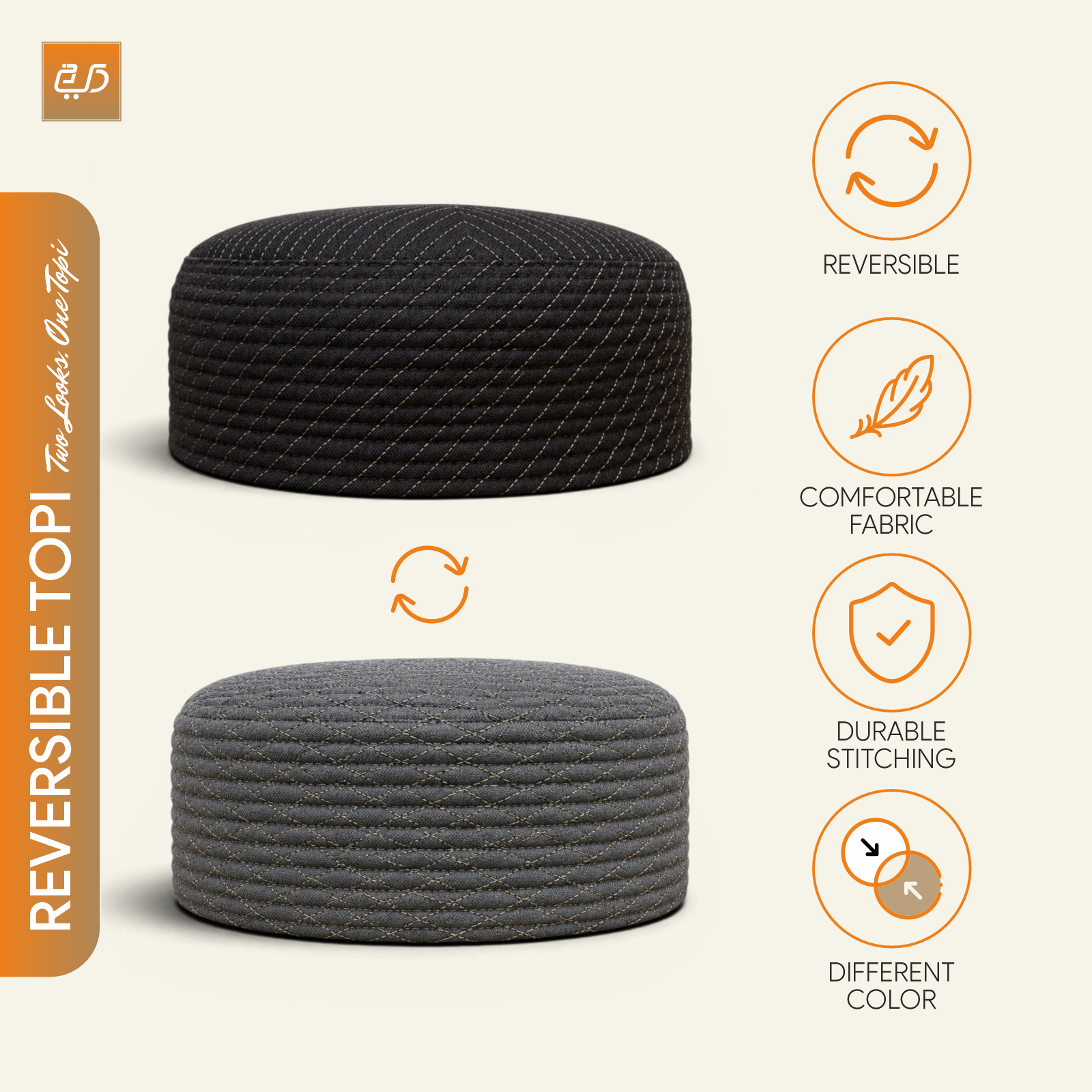 Reversible Namaz Cap | Premium Dual Color Topi (Brown & Dark Grey)