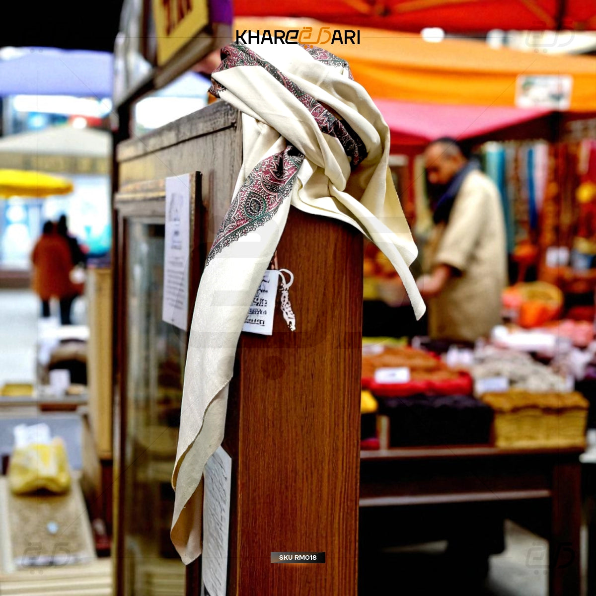 Kashmiri Printed White Scarf – Red & Black Border