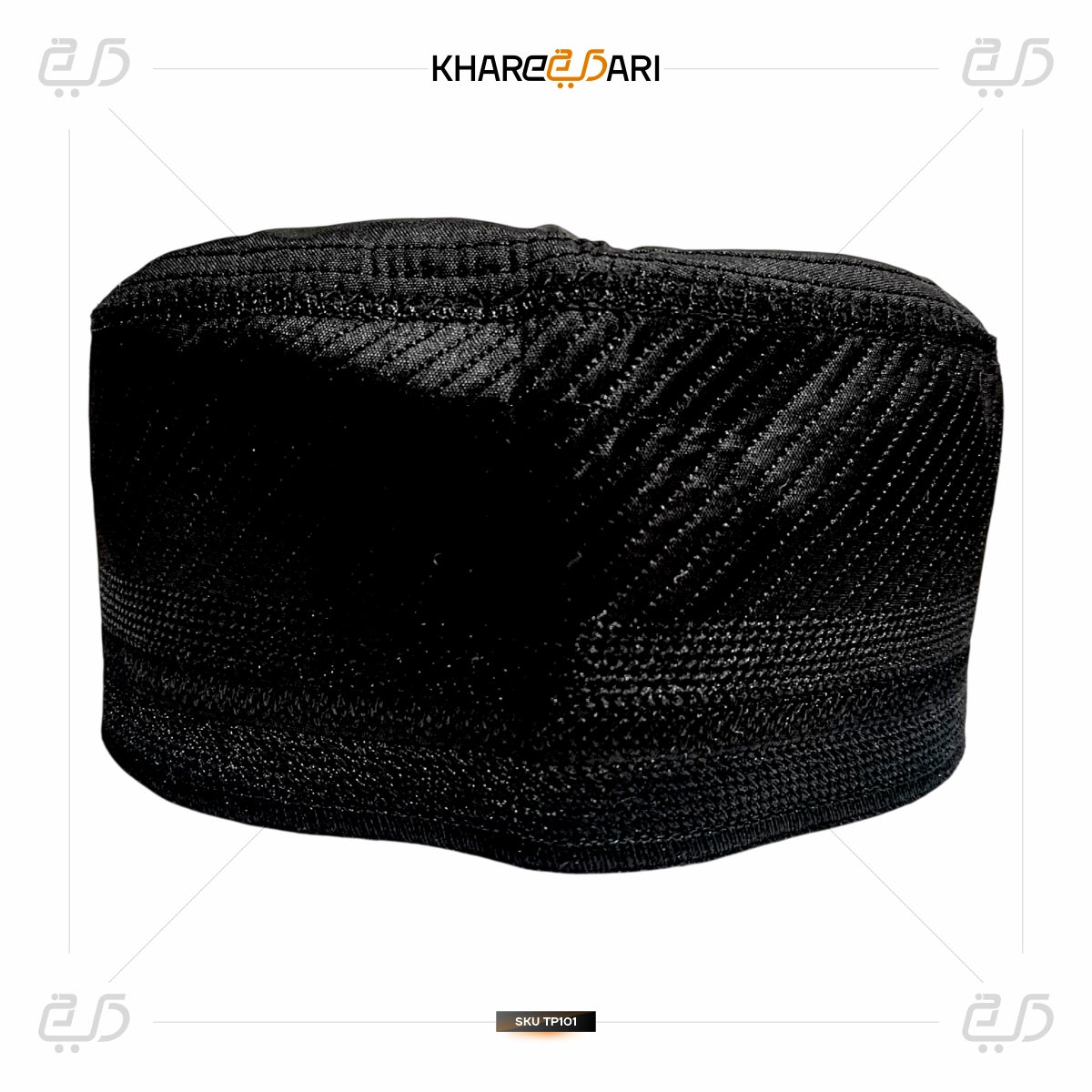 Black knitted cap on a white background with 'Khareeb Dari' branding. Black