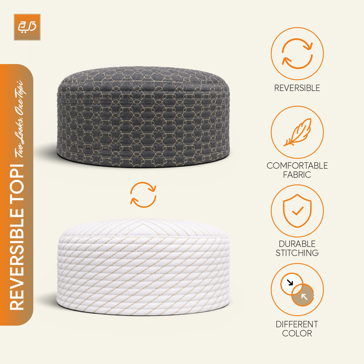 Premium Reversible  Dual Design (Geometric & Chevron Stitch) Prayer Topi