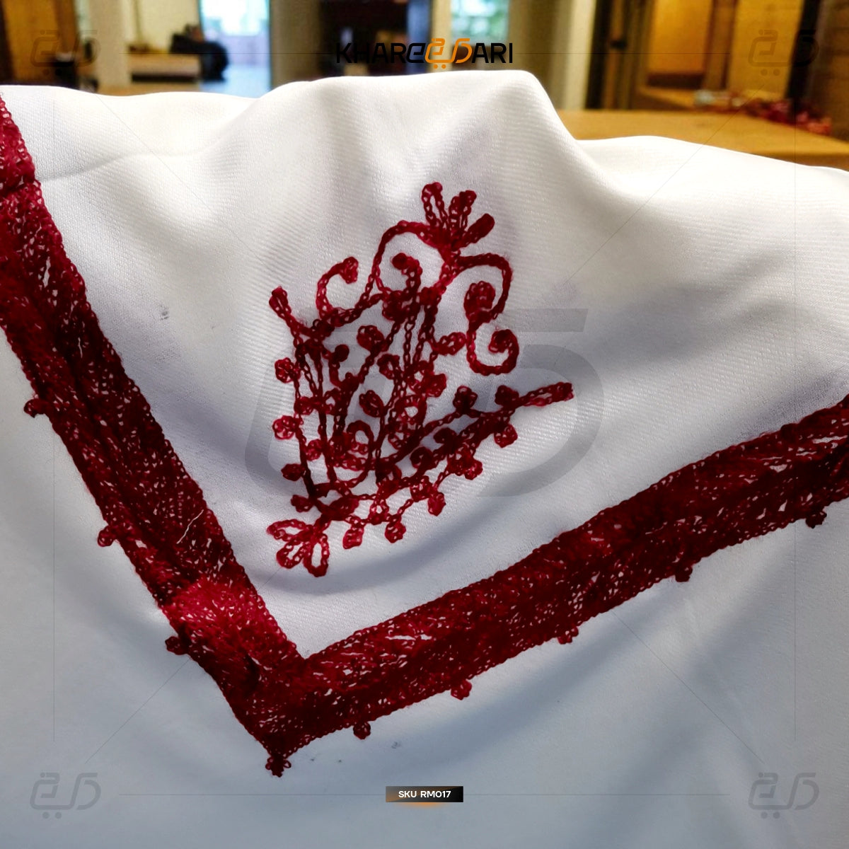 White Scarf with Red Embroidered Border