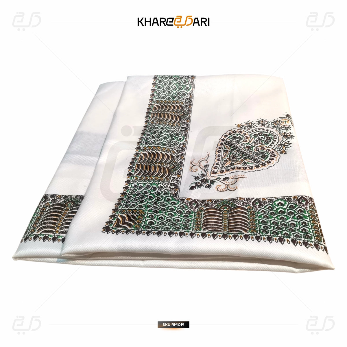 Kashmiri Printed White Scarf – Green & Gold Border