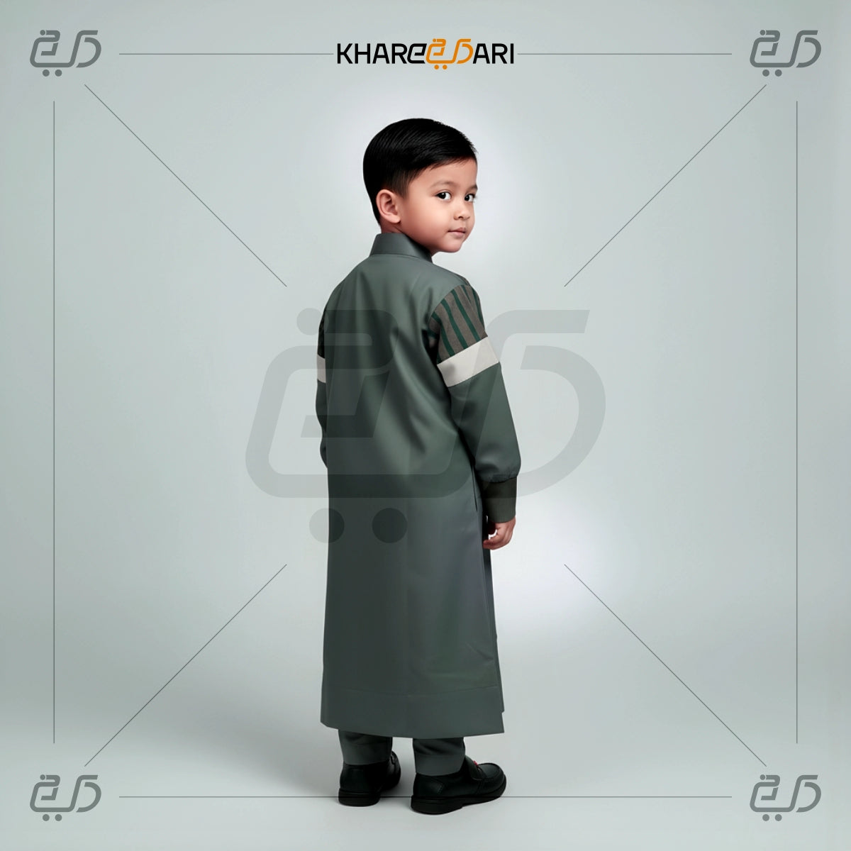 Olive Green Striped Thobe For Kids