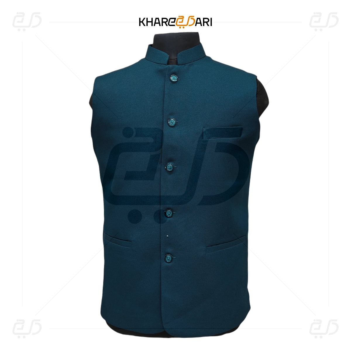 Blue vest with buttons on a white background, brand 'Khareebari' visible. Navy