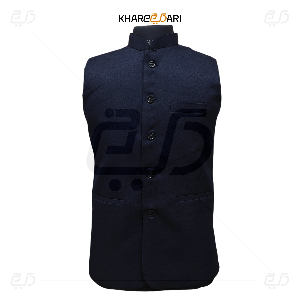 Black vest with button details on a white background, featuring the Khareebari brand. Blaue