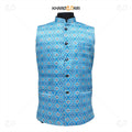 Blue Geometric Satin Nehru Jacket (Sadri)