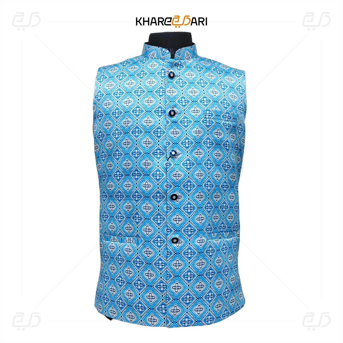 Blue Geometric Satin Nehru Jacket (Sadri)