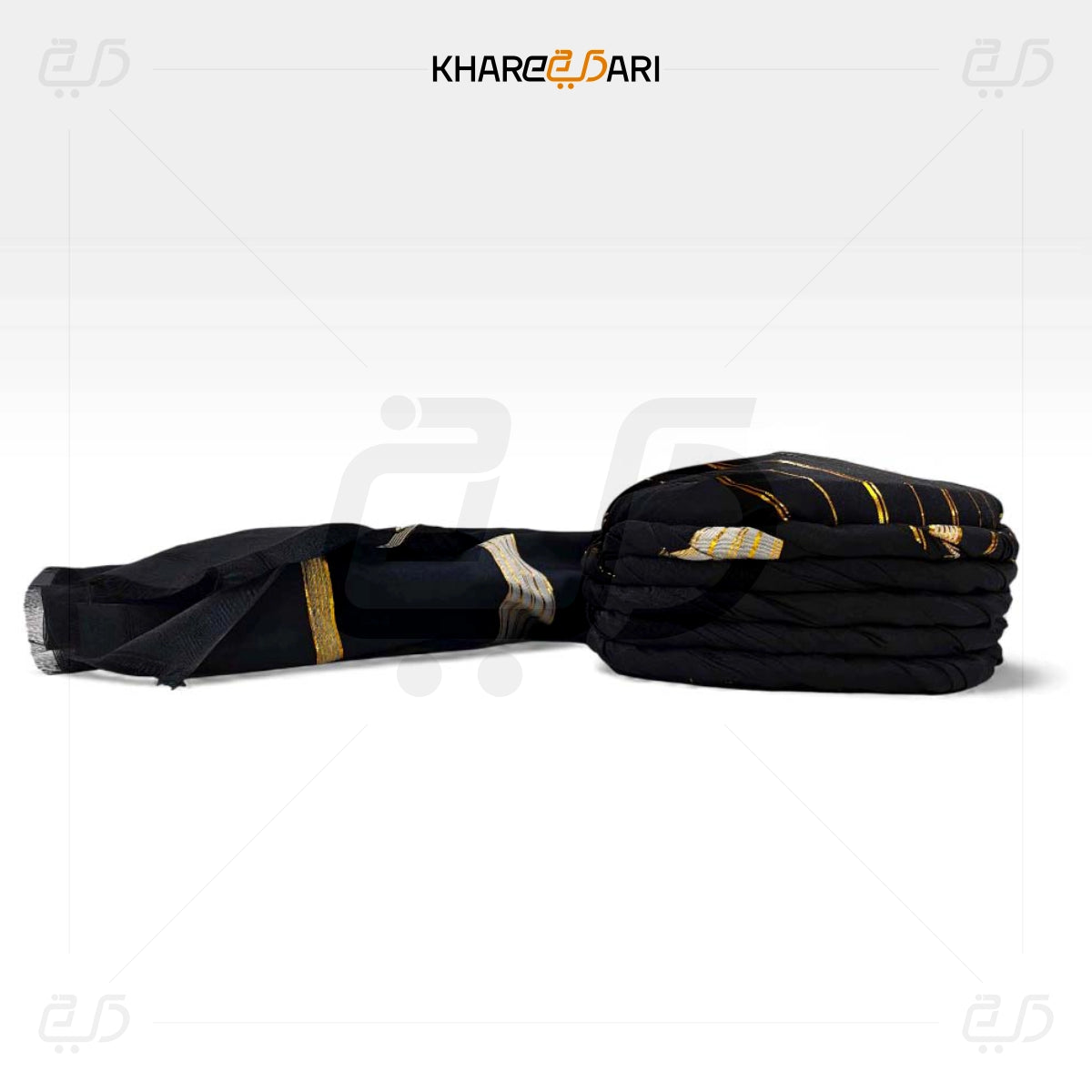 Black bow tie with gold accents on a white background, branded 'Khareebari'. Black with Golden Line