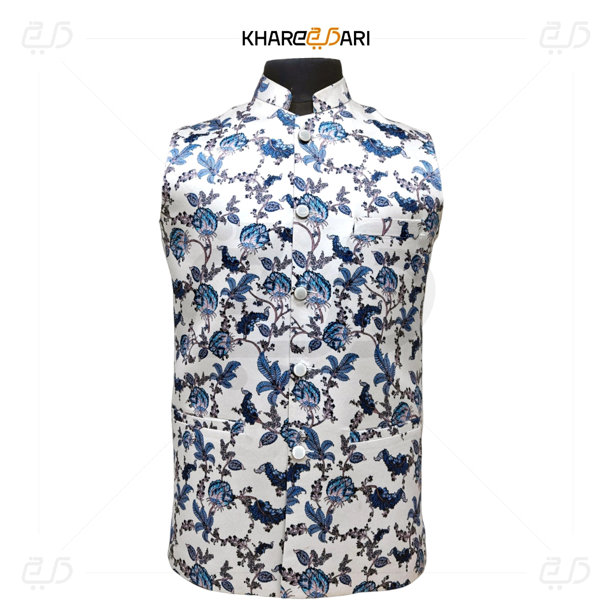 White Blue Floral Satin Nehru Jacket ( Sadri)