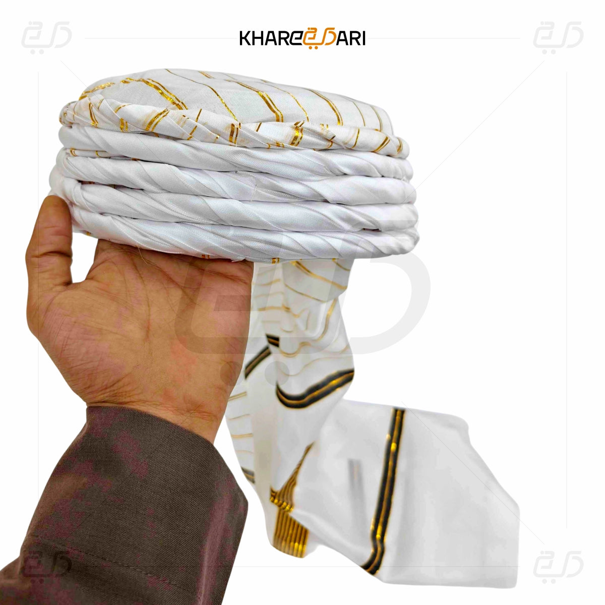 White fabric with gold patterns held by a hand, branded 'Khareebari' on a white background White with Golden Line