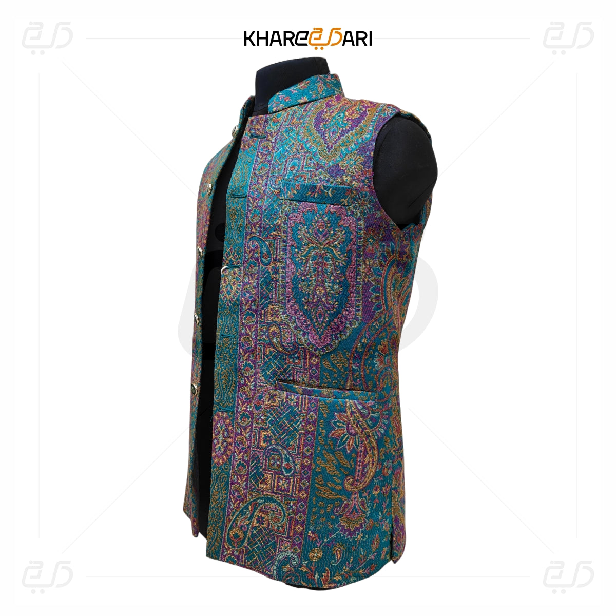 Teal Kani Printed Nehru Jacket (Sadri)