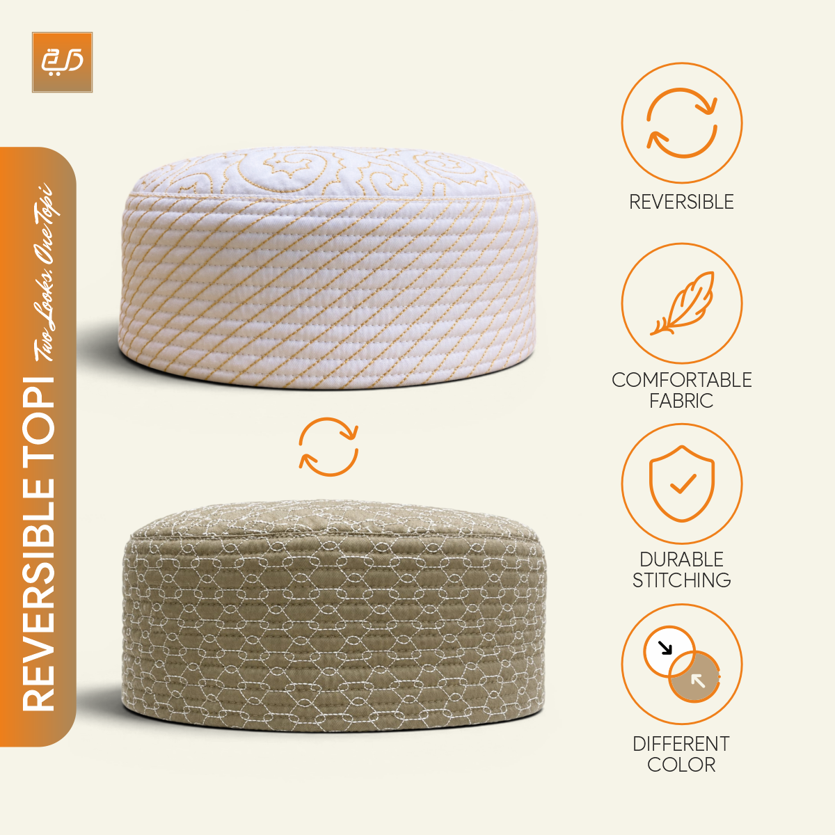 Premium Reversible  Dual Design (Geometric & Chevron Stitch) Prayer Topi