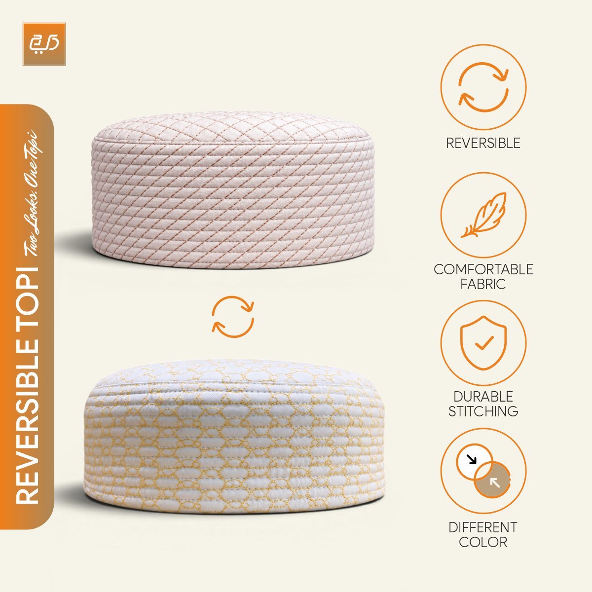 Premium Reversible  Dual Design (Geometric & Chevron Stitch) Prayer Topi