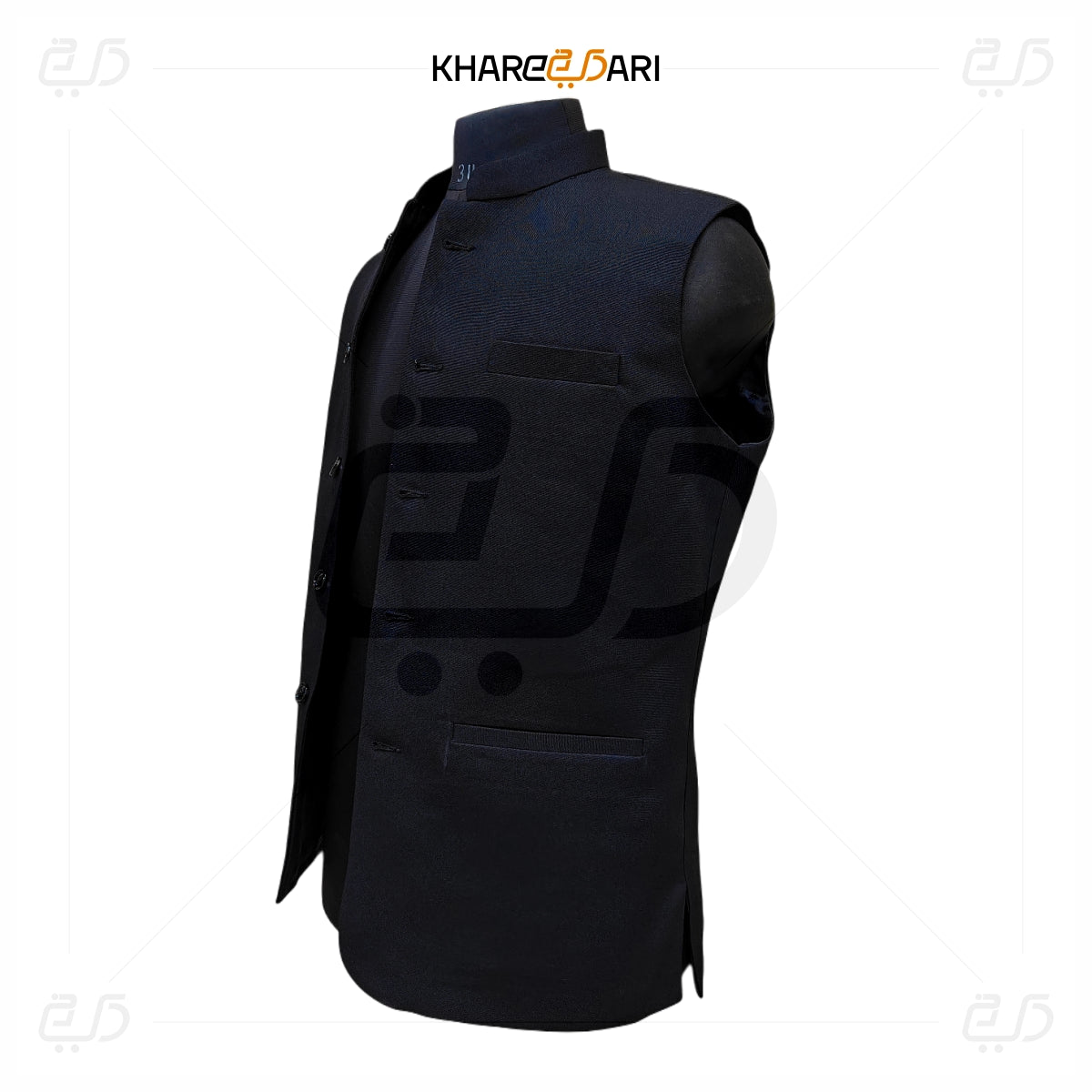 Black vest with geometric design on a white background, featuring the brand 'Khareebari'. Black