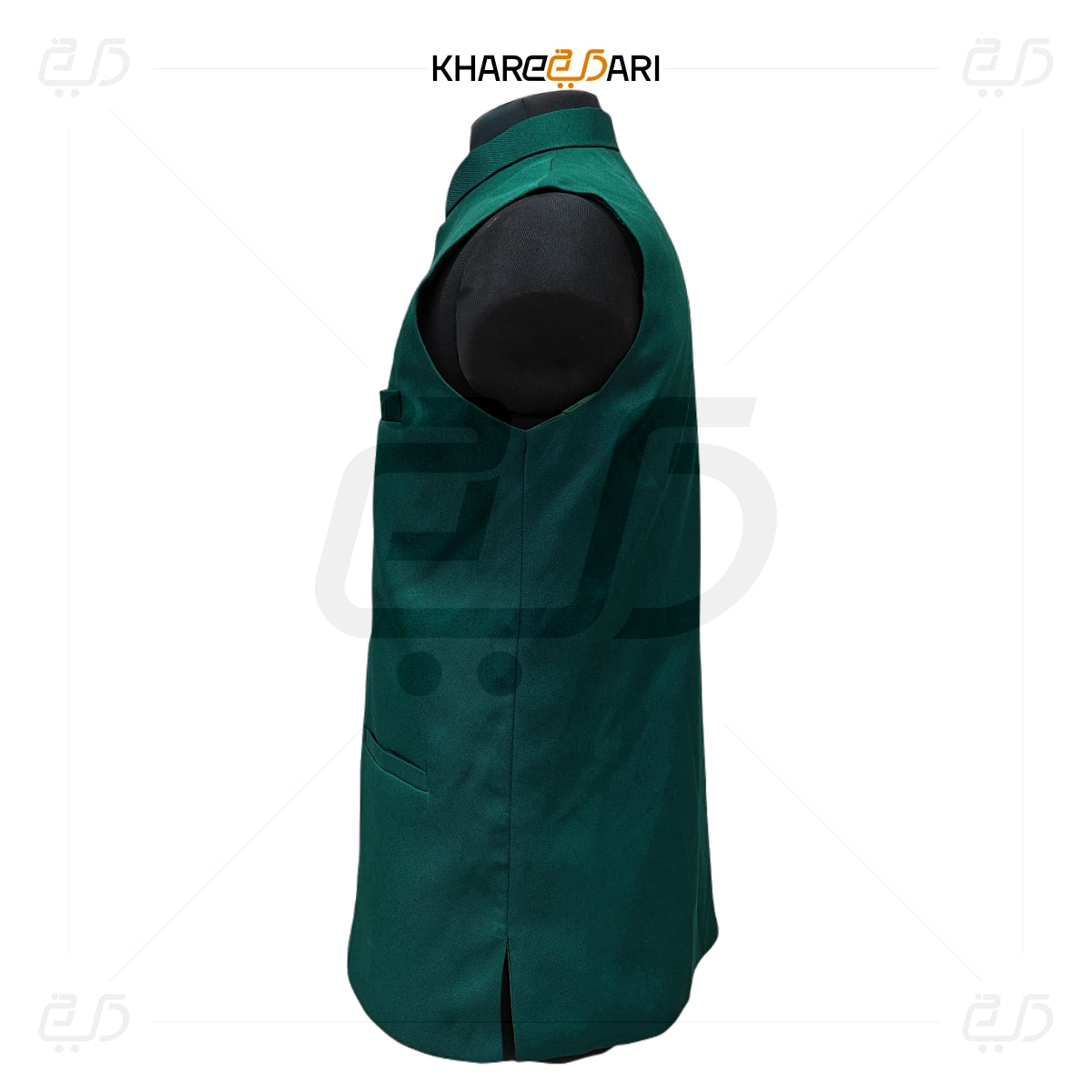 Green vest with black accents on a white background, featuring the brand 'Khareeb Dari'. Green