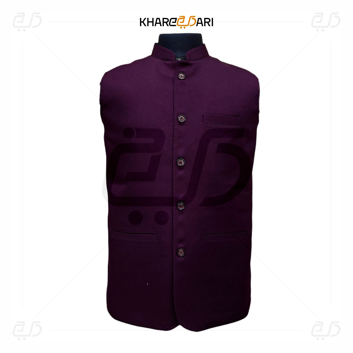 Purple vest on a white background with 'Khareebari' branding. Maroon