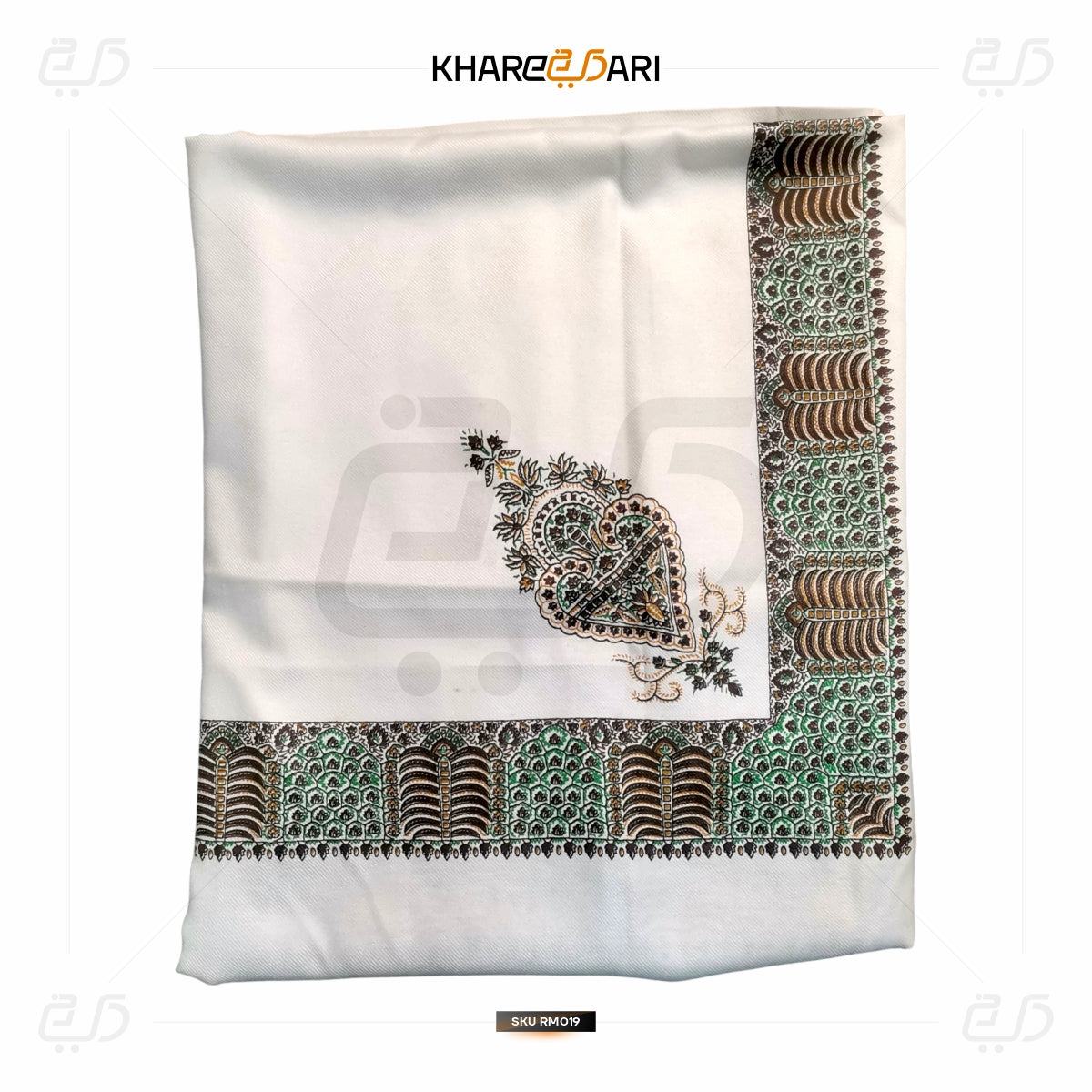Kashmiri Printed White Scarf – Green & Gold Border