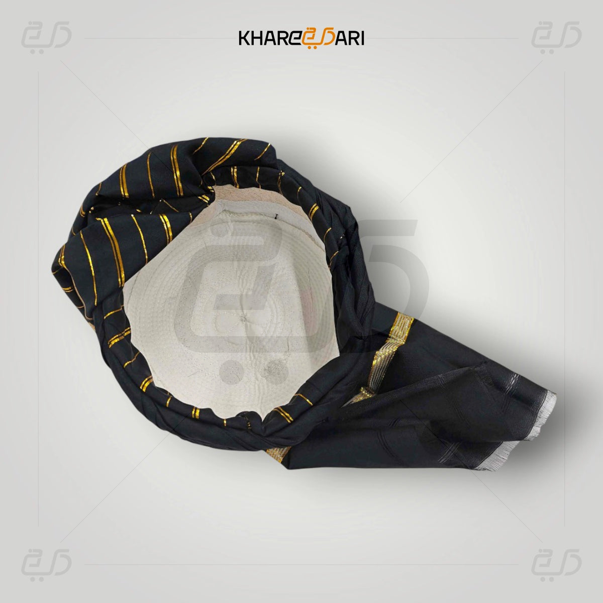 Black headscarf with gold stripes on a white background, branded 'Khareeb Dari'. Black with Golden Line