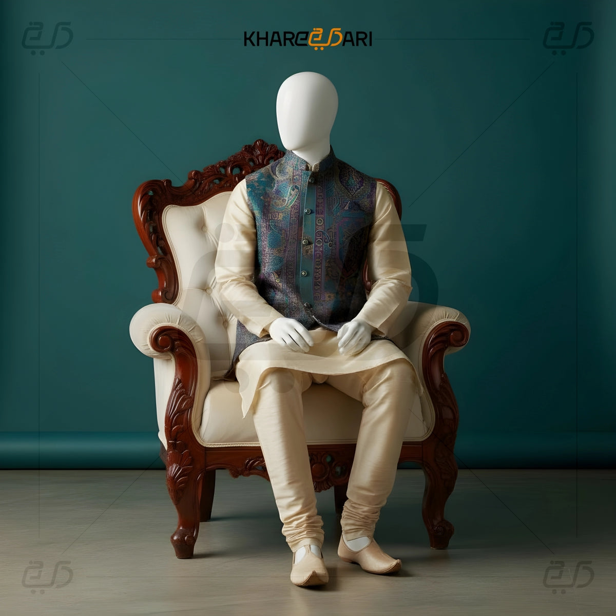 Teal Kani Printed Nehru Jacket (Sadri)