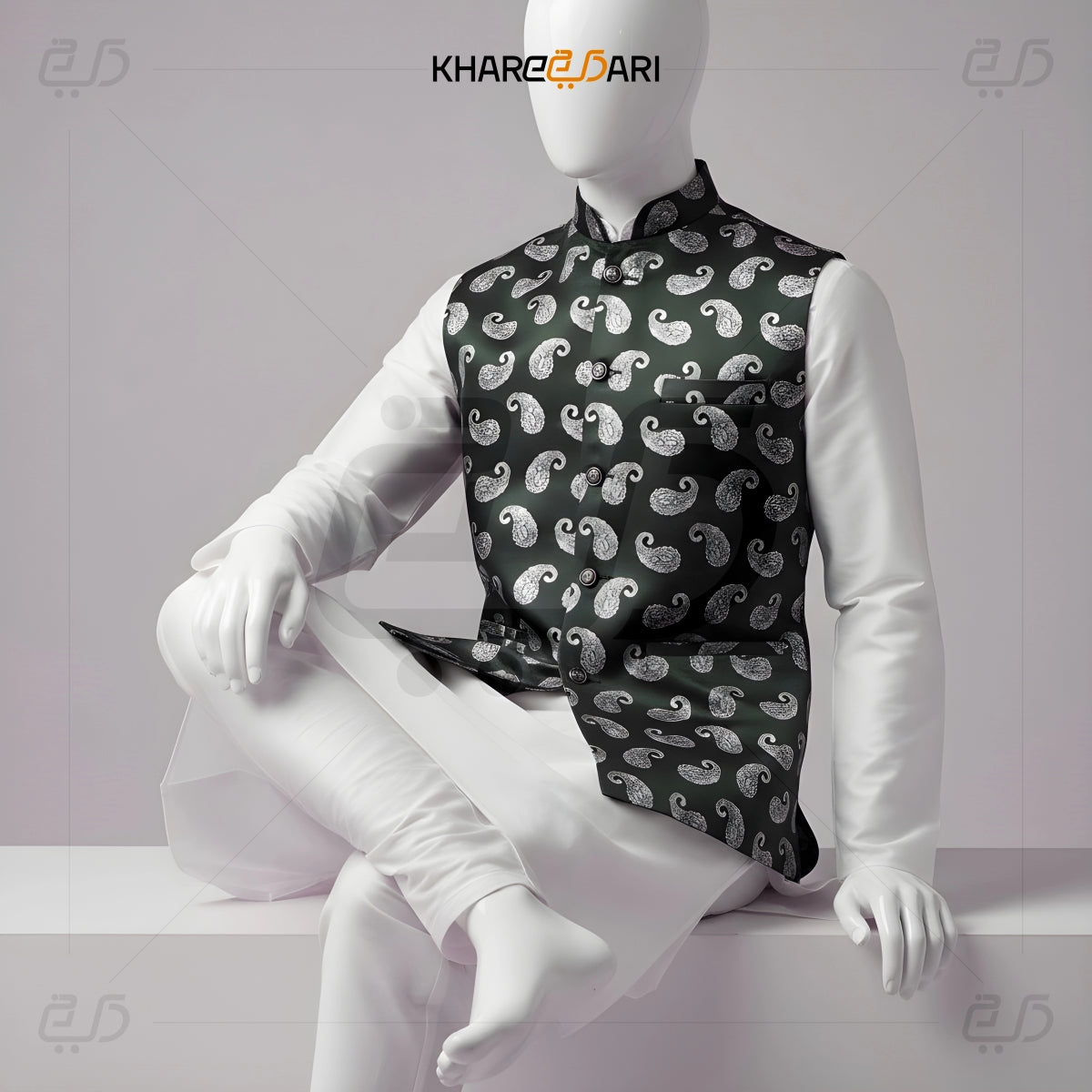 Paisley Printed Satin Nehru Jacket (Sadri)