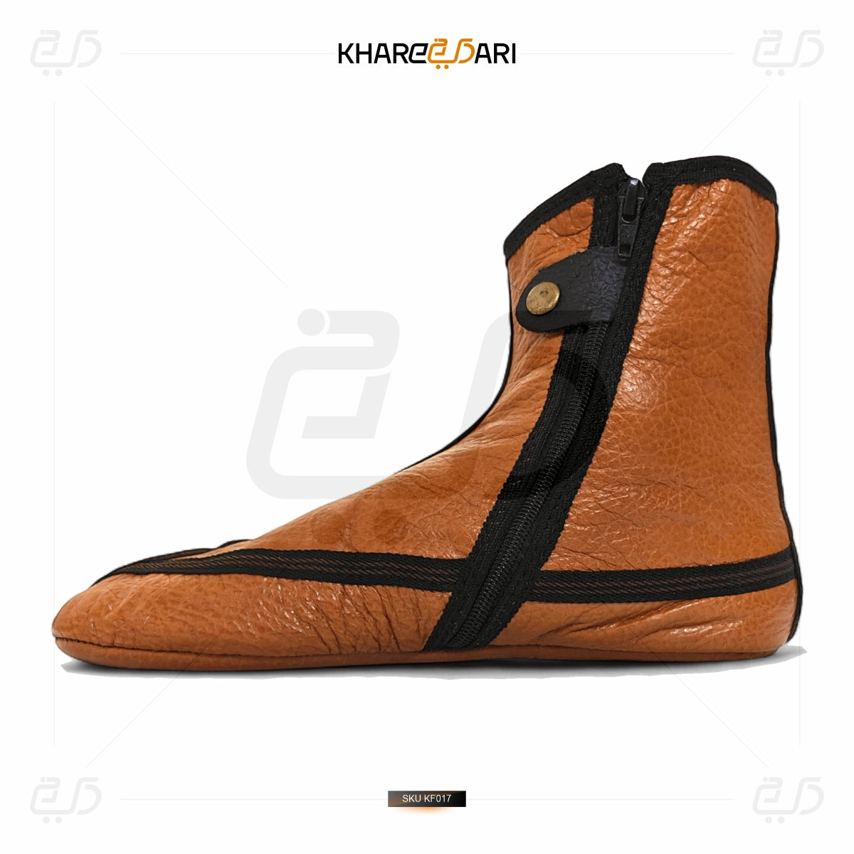 Brown leather boot cover with black strap and zipper on a white background, branded 'Khareebari'. Brown