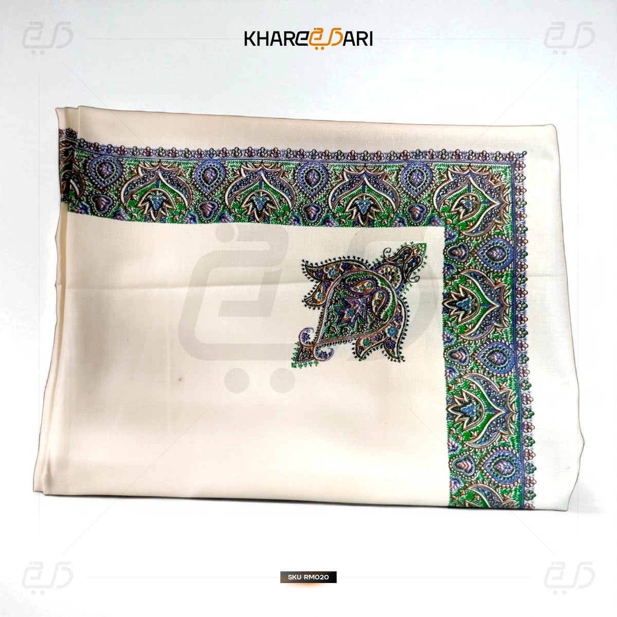 Cream Kashmiri Printed Scarf – Green & Purple Border