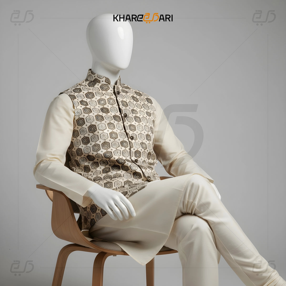 Hexagon Printed Satin Nehru Jacket (Sadri)