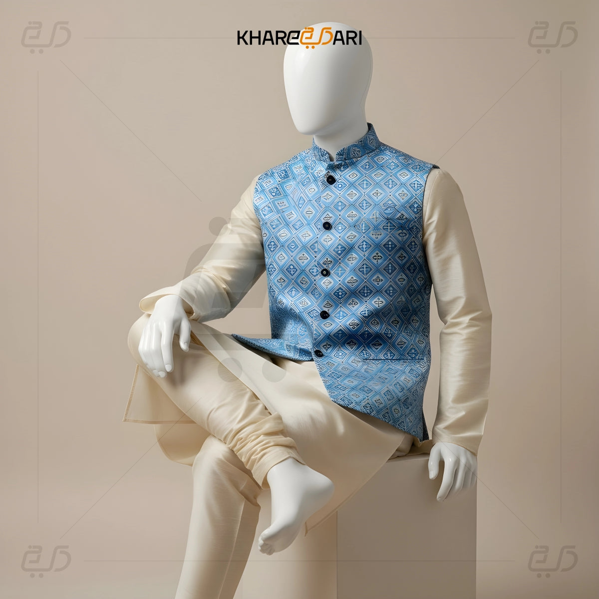 Blue Geometric Satin Nehru Jacket (Sadri)