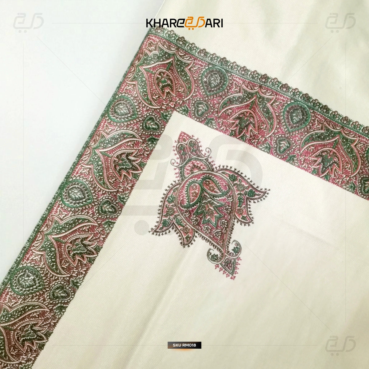 Kashmiri Printed White Scarf – Red & Black Border