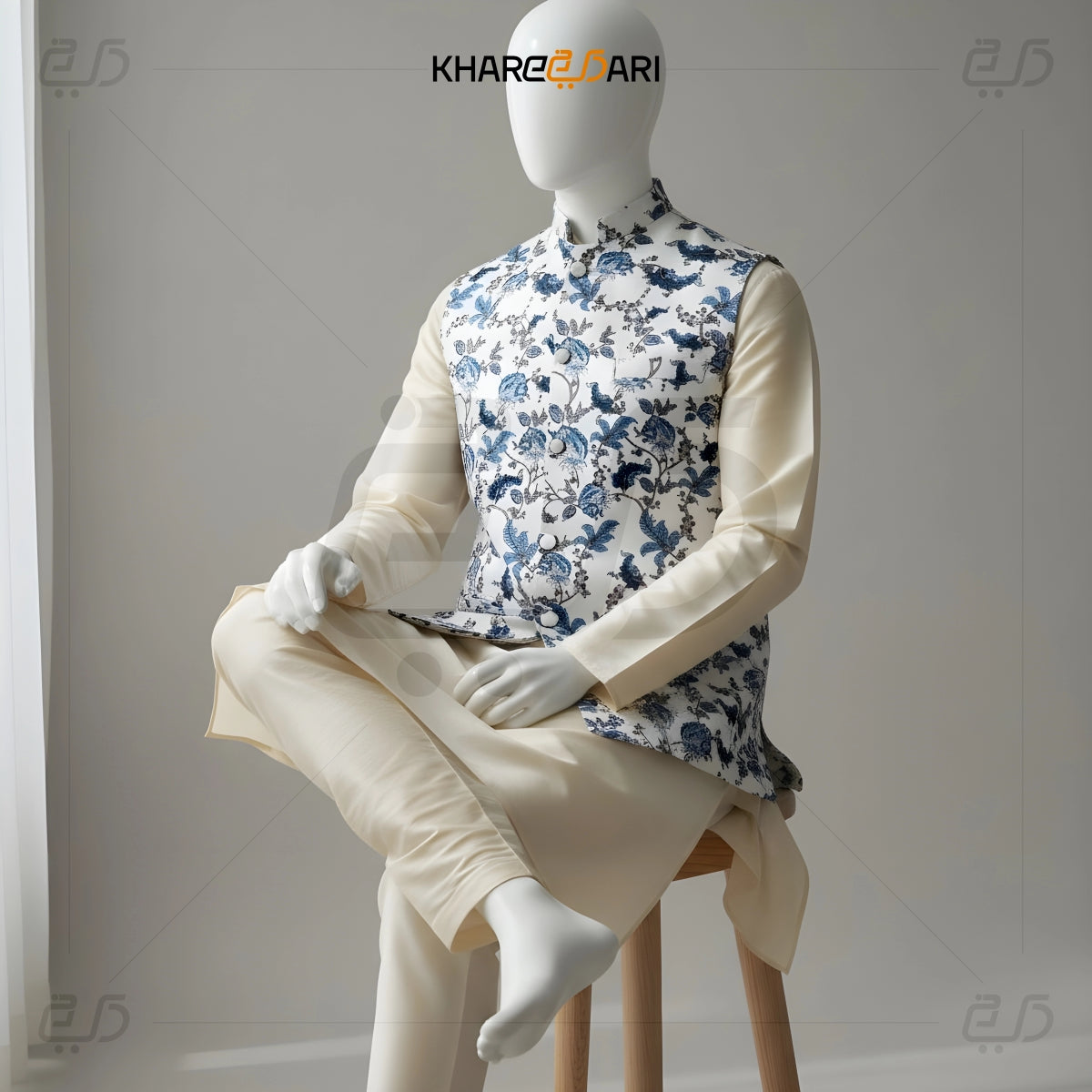 White Blue Floral Satin Nehru Jacket ( Sadri)