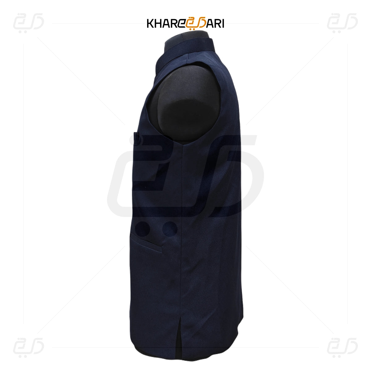 Dark blue vest with button details on a white background, featuring the Khareebari brand. Blue