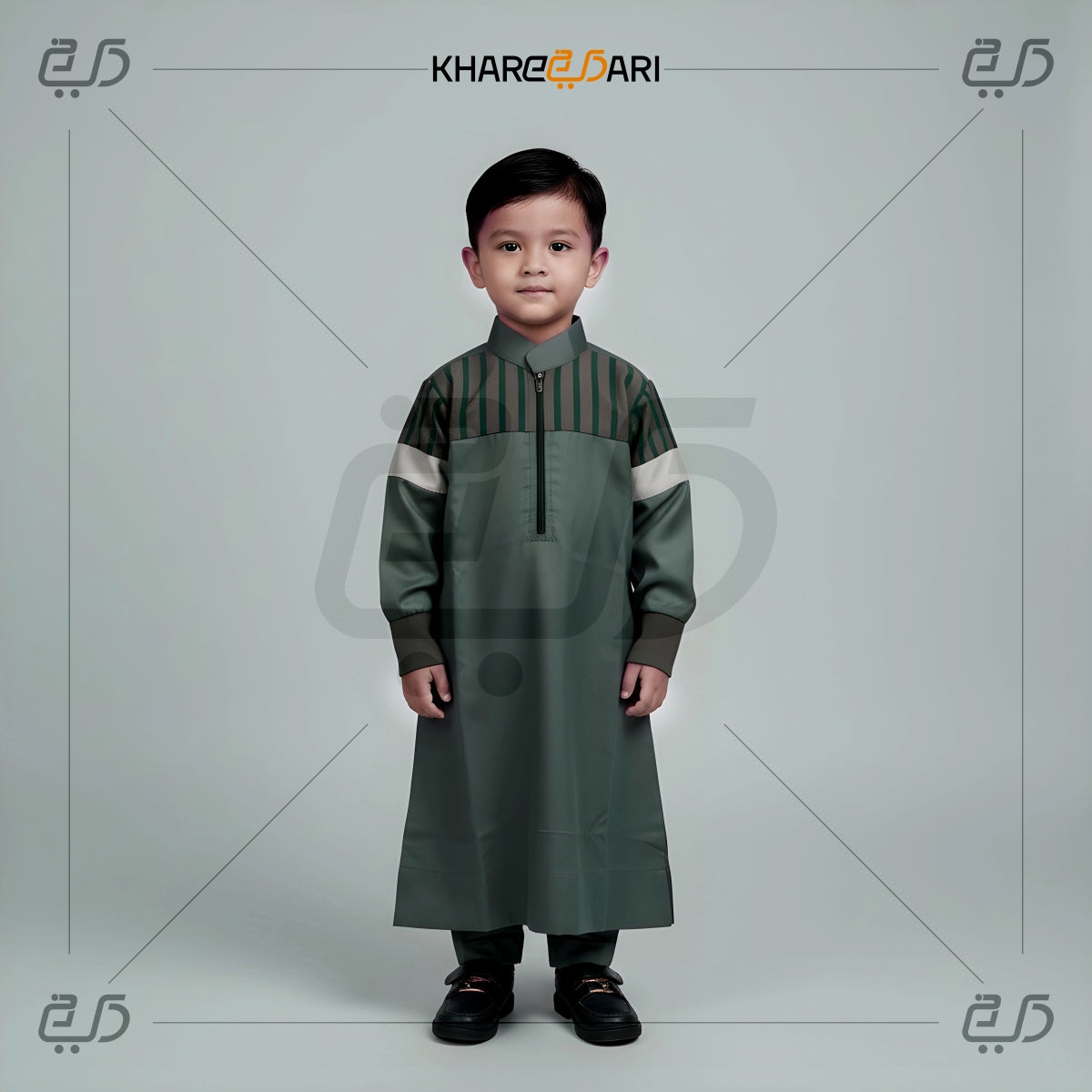 Olive Green Striped Thobe For Kids