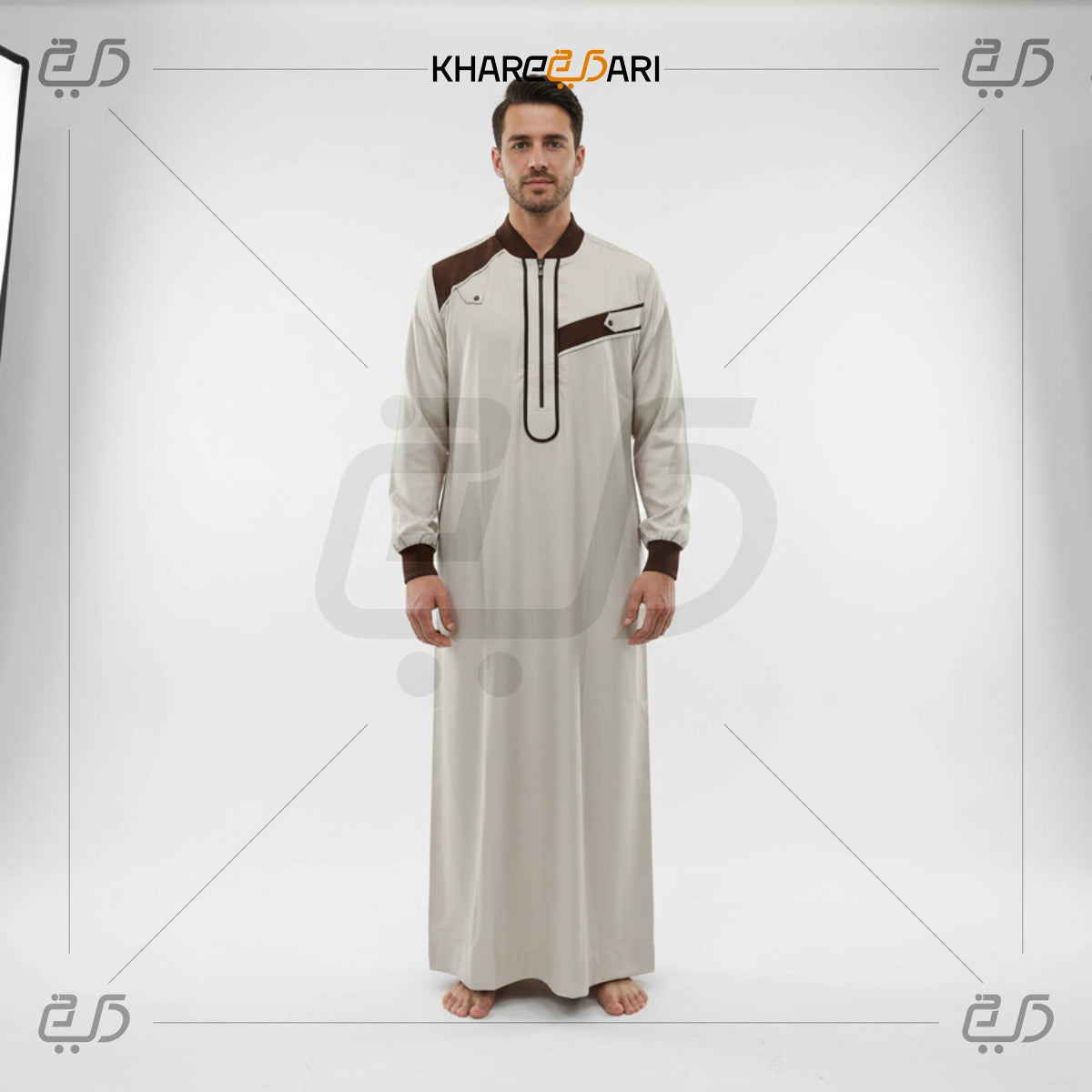 Cream & Brown Two-Tone Panel Emirati Style Jubba