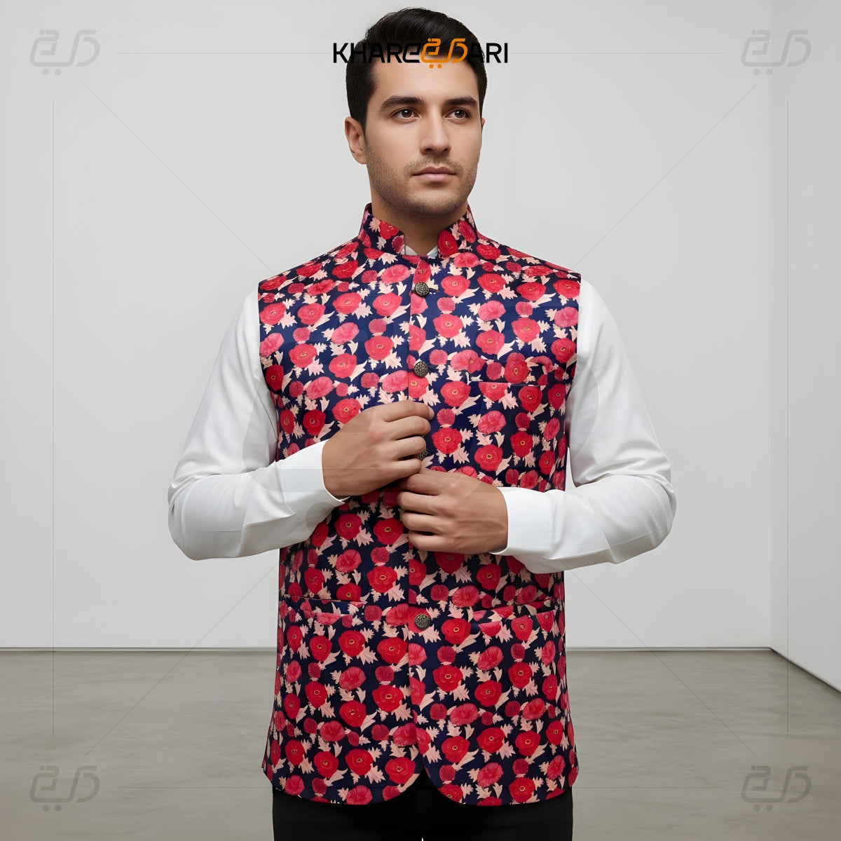 Red Floral Satin Nehru Jacket