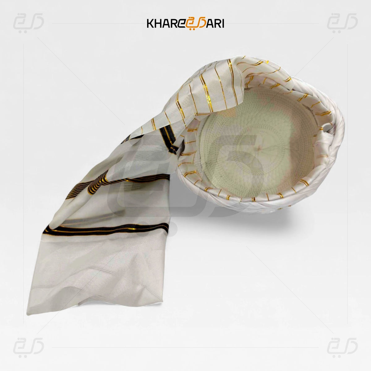 White headscarf with gold and black accents on a white background, branded 'Khareeb Dari'. White with Golden Line