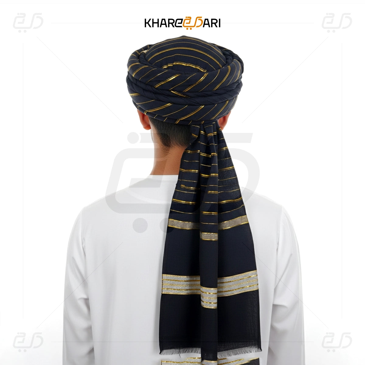 Person wearing a black and gold striped turban with 'Khareebari' branding.
Black with Golden Line