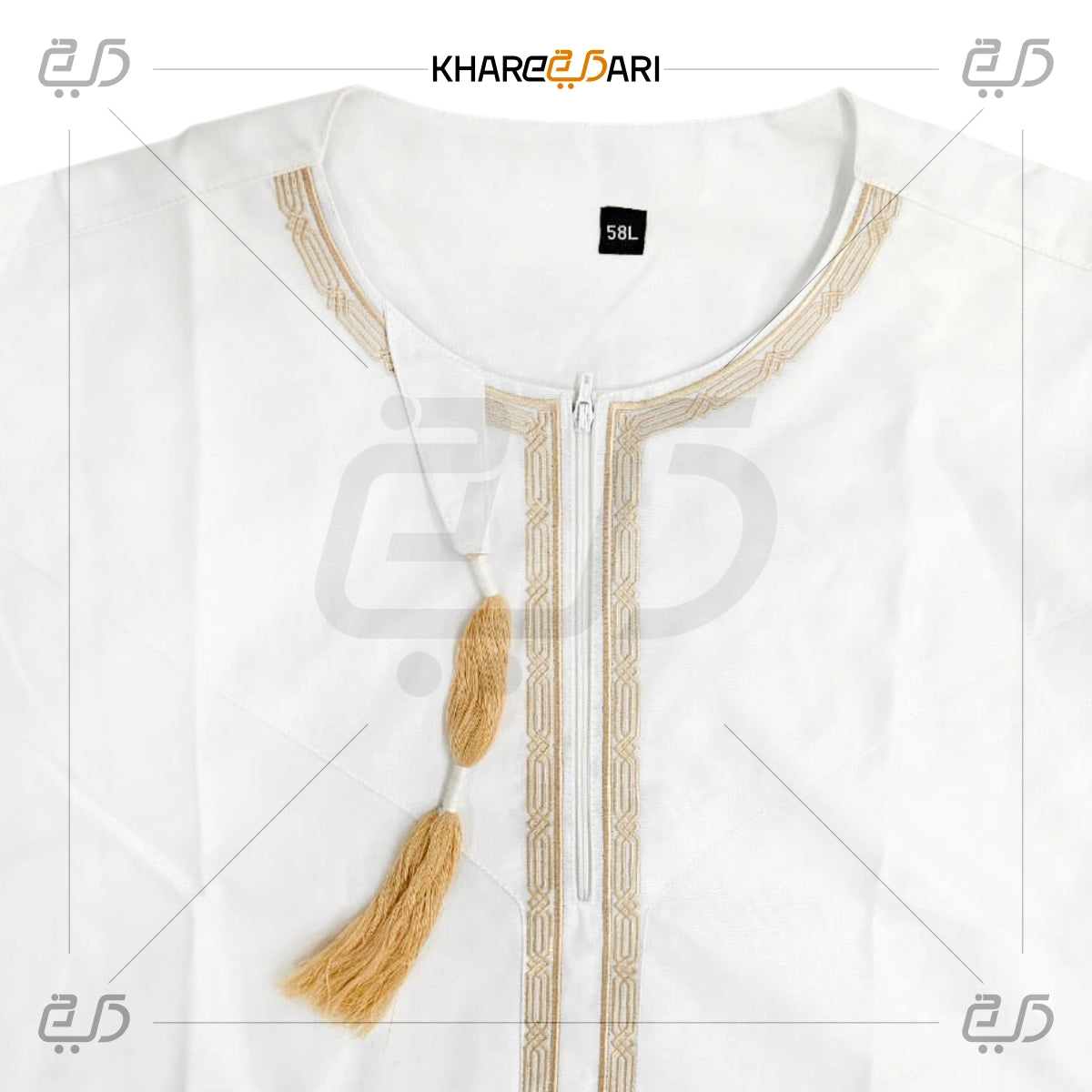 Moroccan Tassel Neck Embroidered White Jubba