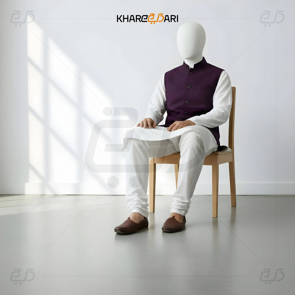 Mannequin wearing a white shirt and purple vest sitting on a chair in a minimalistic room with 'Khareeb Dari' branding. Maroon
