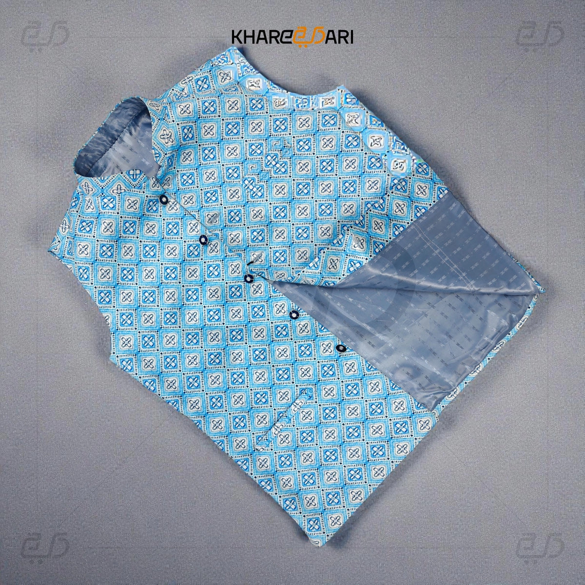 Blue Geometric Satin Nehru Jacket (Sadri)